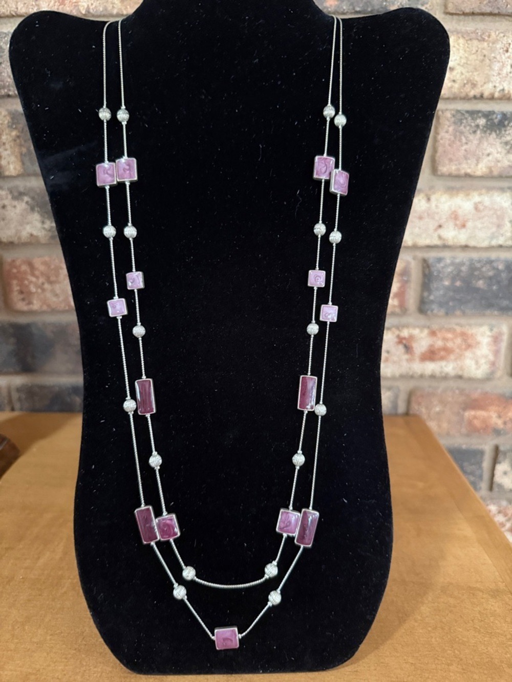 Double strand Purple enamel beaded silver tone necklace
